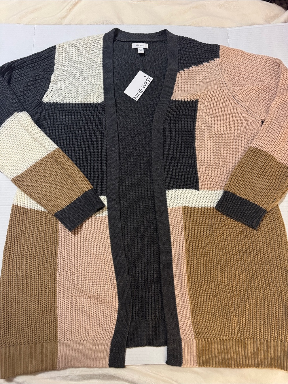 Nine West Colorblock Open-Front Cardigan in Dark Gray, Blush, Brown, Cream 143